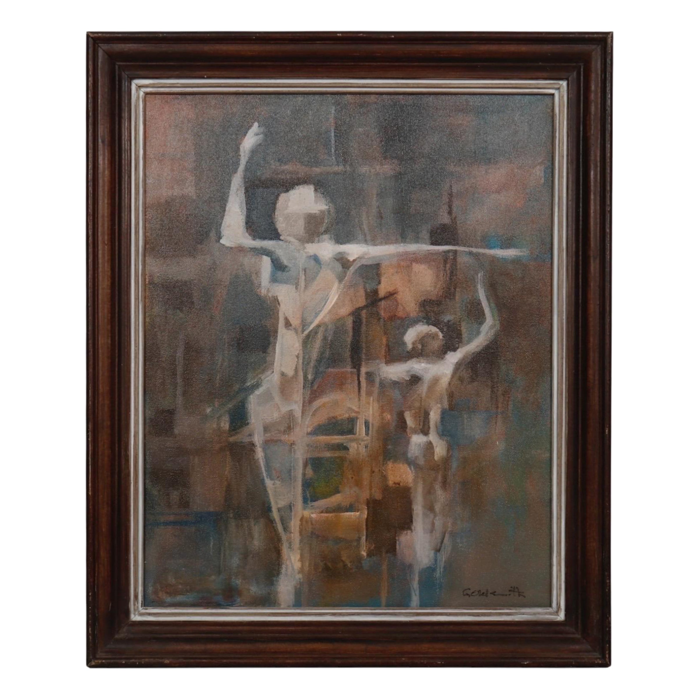 Siglo XX William Goldsmith Óleo cubista sobre lienzo "David y Goliat"