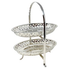 Antique English Silver-Plate 2-Tiered Cake Stand with Pierced Bowls, Circa 1900
