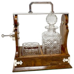 Antique English Oak, Silver-Plate & Crystal One-Bottle Tantalus & Cigar Holder.