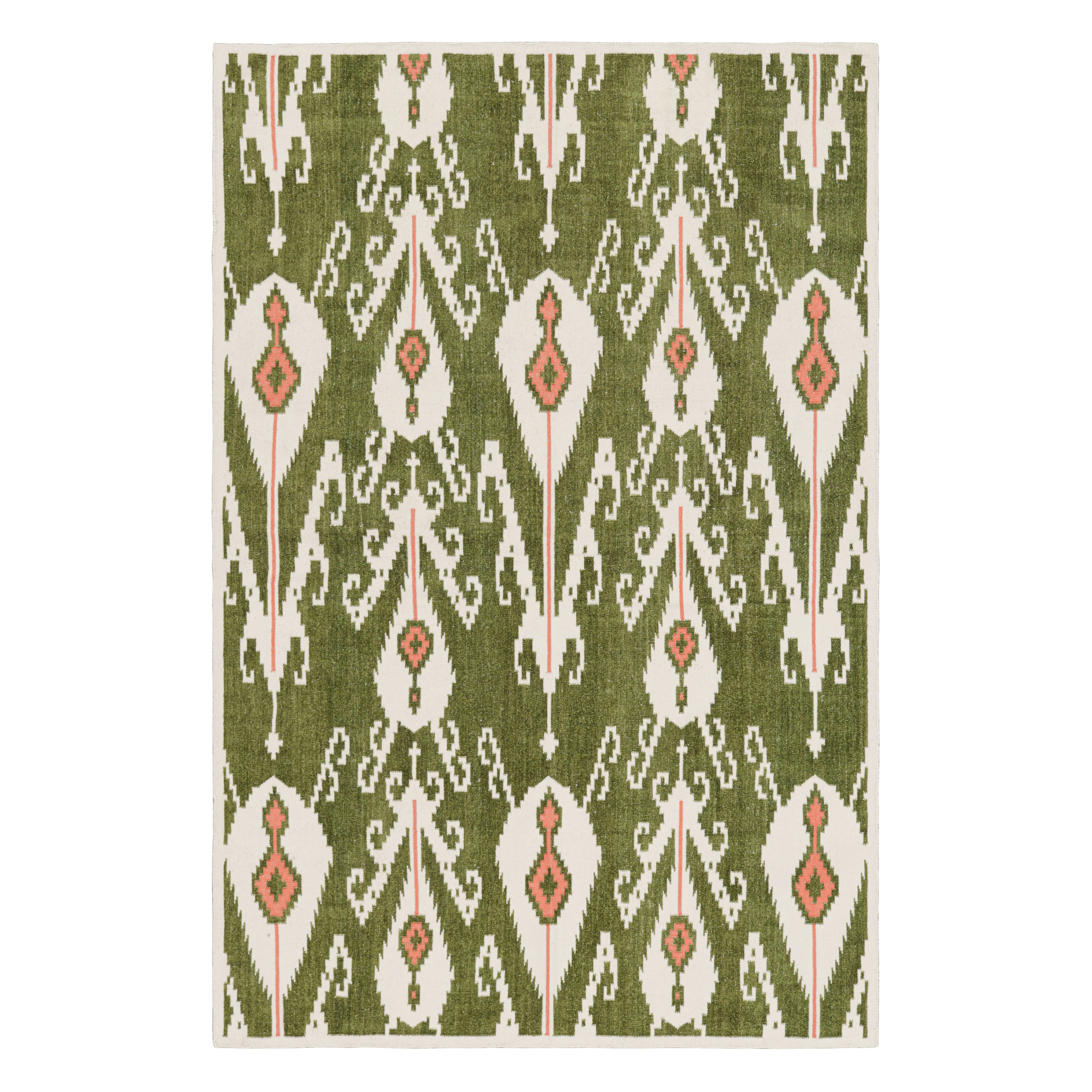 Alfombra Dhurrie Contemporánea Rug & Kilim en Verde con Ikats Blancos y Rosas