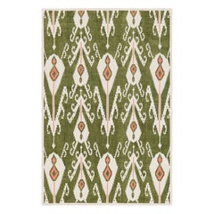 Rug & Kilim's Contemporary Dhurrie Rug in Greene & Kilim's Contemporary Dhurrie Rug in Green with White & Pink Ikats Patterns
