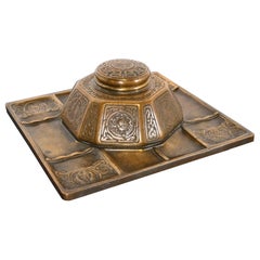 Antique Tiffany Studios New York Zodiac Bronze Doré Partner's Inkwell With Desk Tray