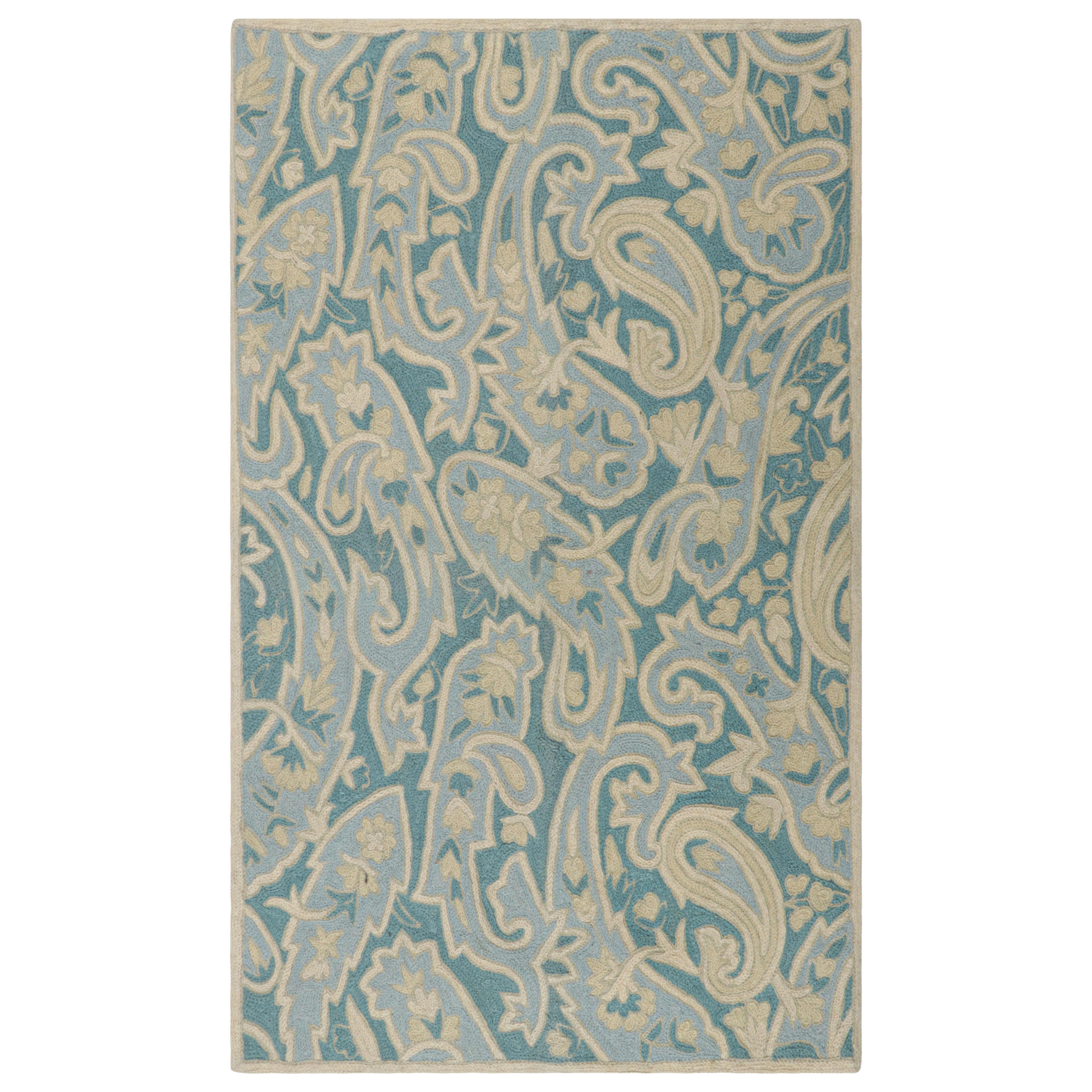 Rug & Kilim’s Contemporary Chain Stitch Rug in Blue with Cream Floral Patterns For Sale