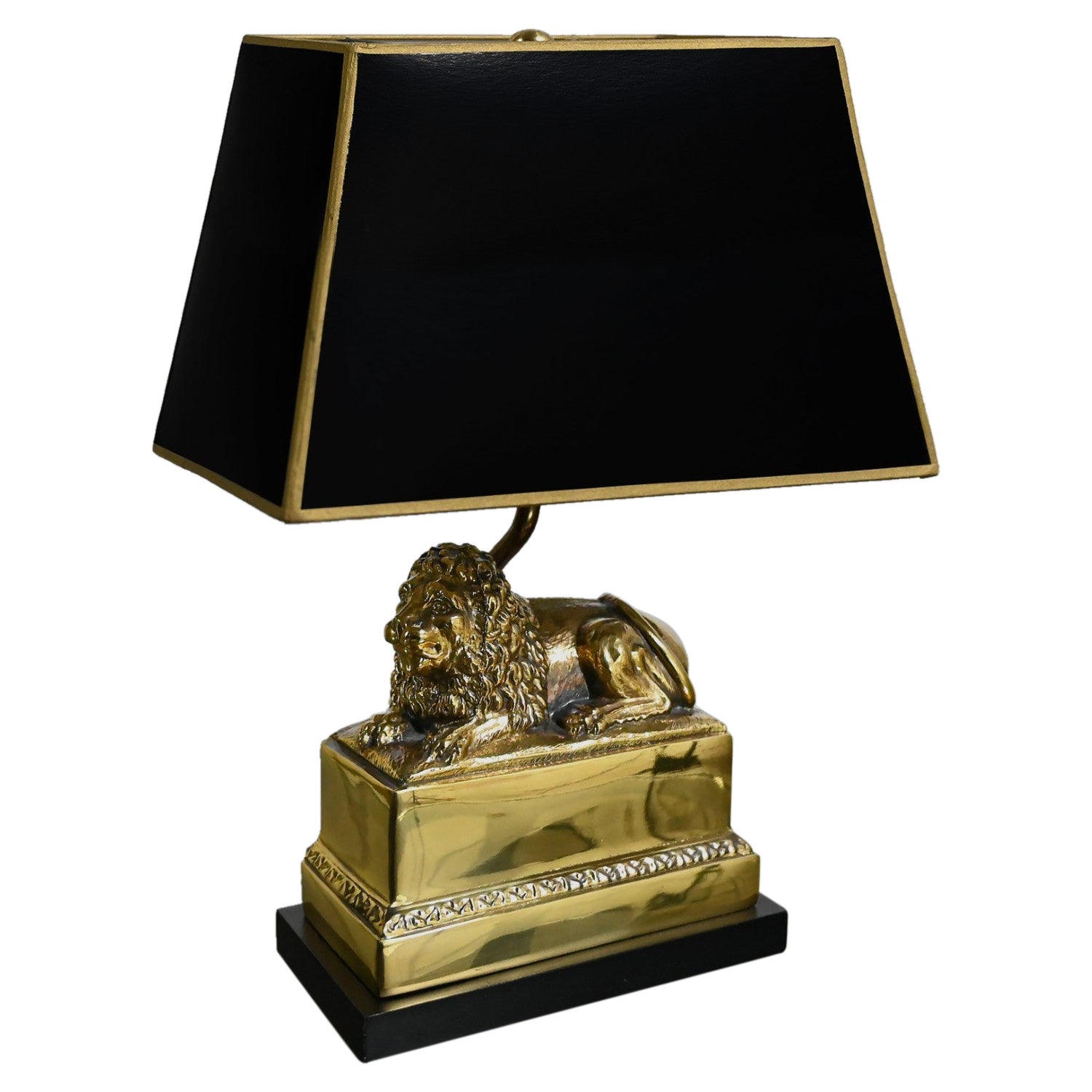 Late 20th Century Neoclassic Brass Lion Low Desk Lamp w/Rectangular Black Shade