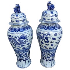 Pair of Palace Size Chinese Blue & White Ginger Jars with Foo Dog Lids