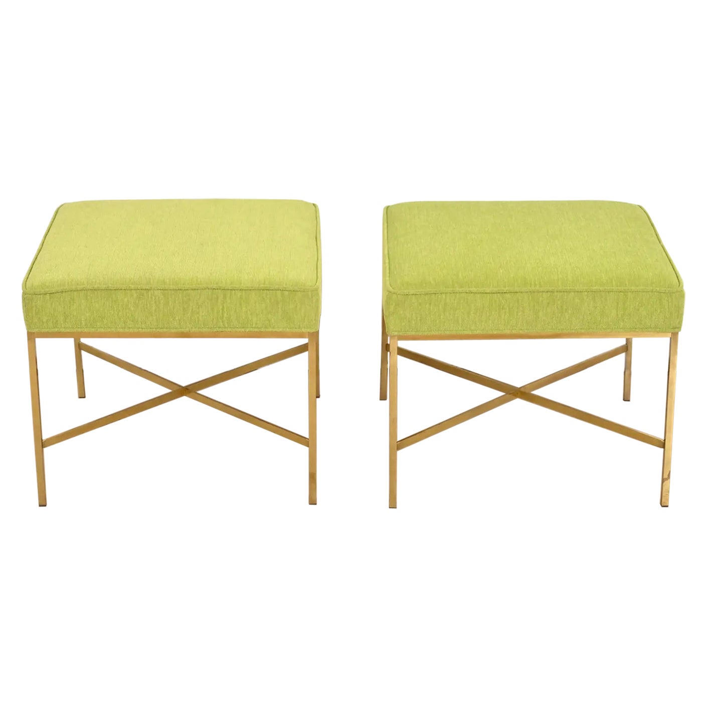 Paul McCobb for Directional X-Base Brass and Upholstered Stools or Ottomans