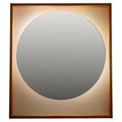 Large illuminated round mirror with teak frame