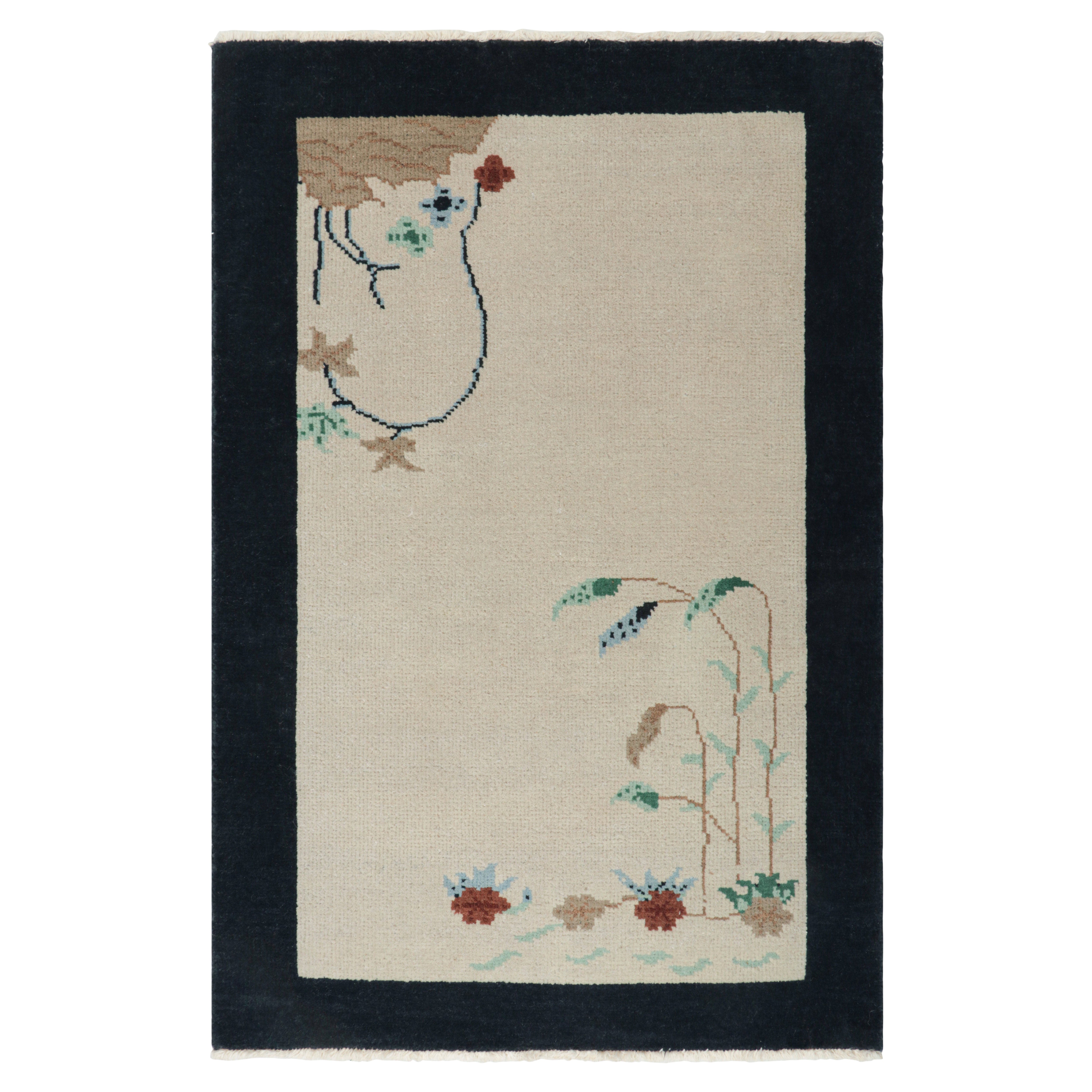 Rug & Kilim’s Chinese Deco Rug in White with Floral Patterns and Navy Border For Sale