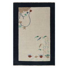 Rug & Kilim’s Chinese Deco Rug in White with Floral Patterns and Navy Border