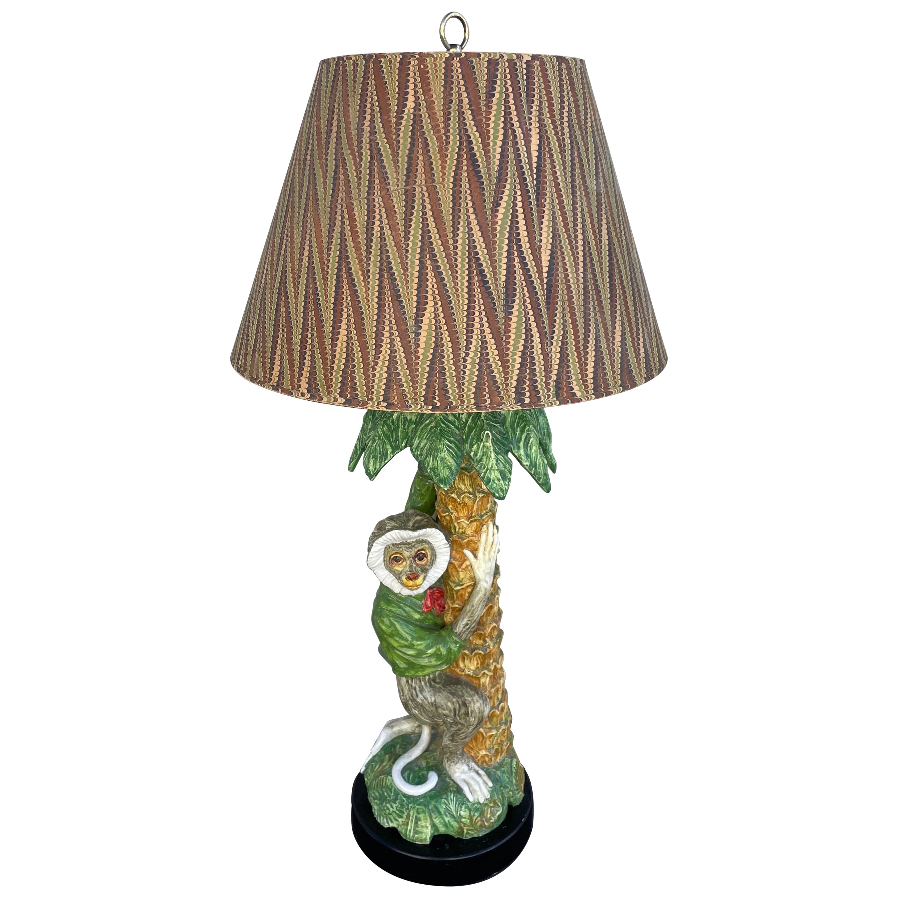 Vintage Lamp, grande e rara lampada da tavolo in terracotta con scimmia e palma