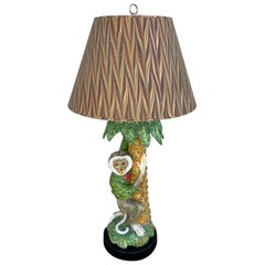 Vintage Large Rare Italian Terra Cotta Monkey & Palm Tree Table lamp