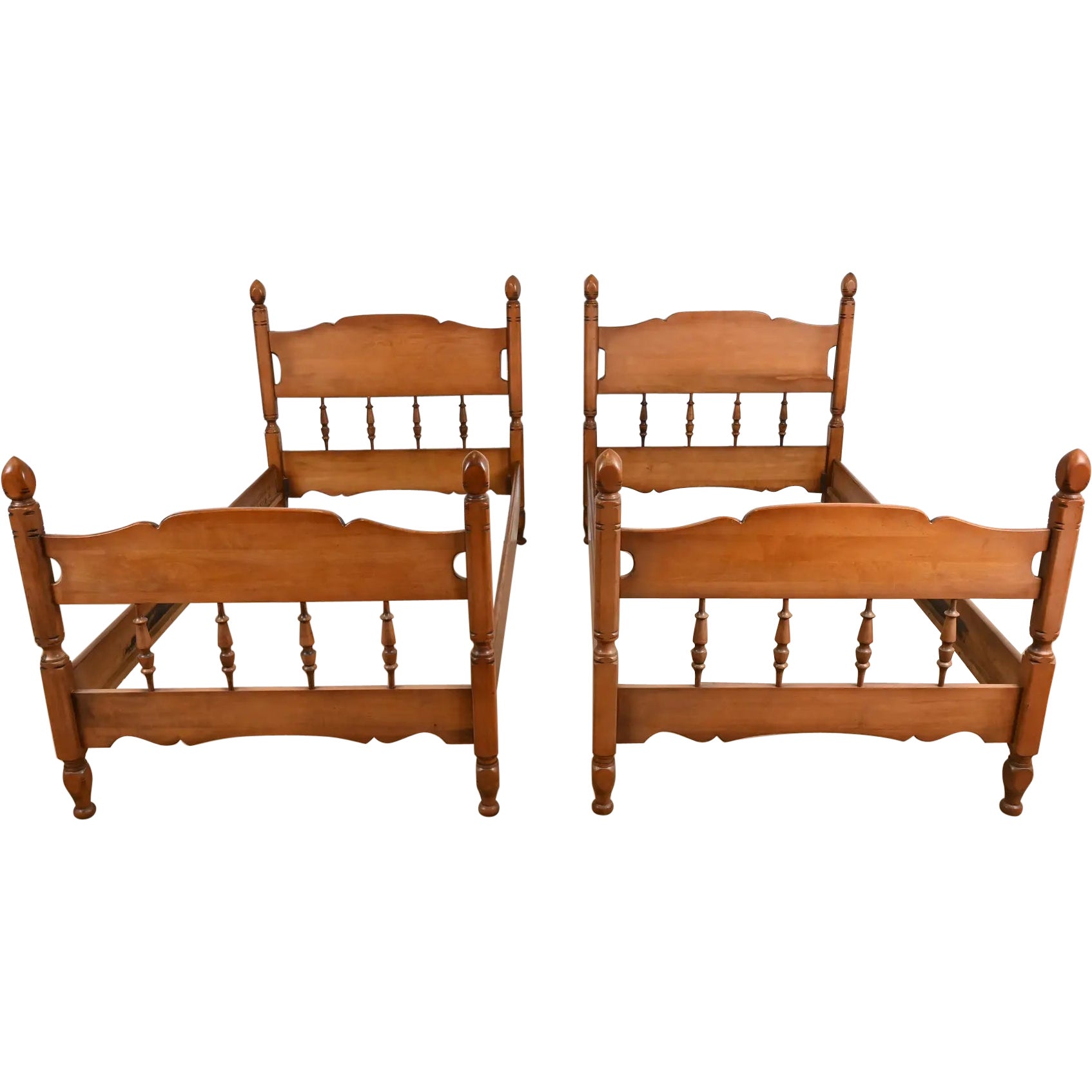 American Colonial Carved Cherry Wood Twin Size Spindle Beds by Empire Furniture