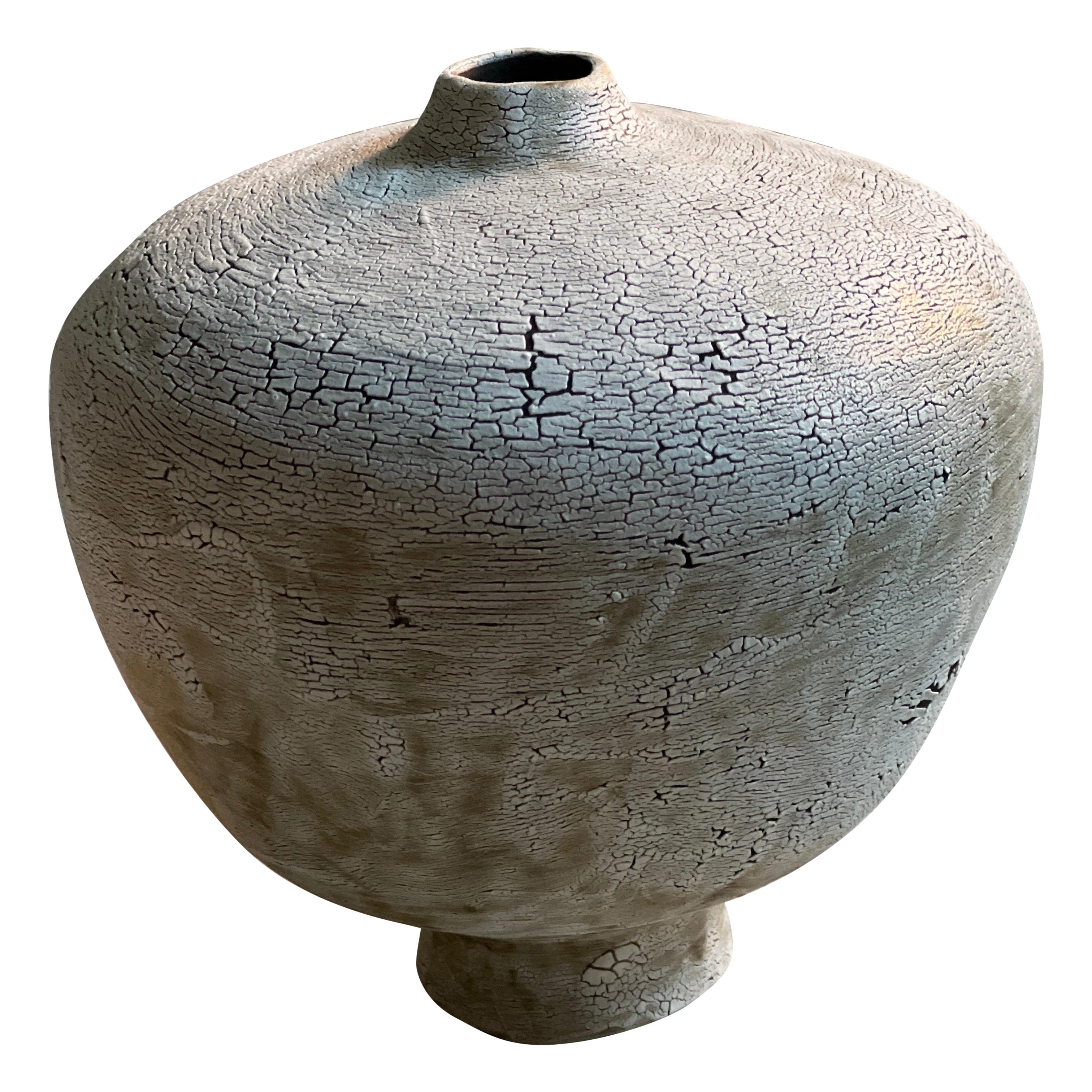 Handmade Black Clay Vase with White Crawling Glaze