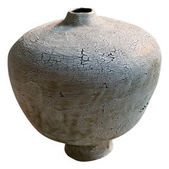 Handmade Black Clay Vase with White Crawling Glaze