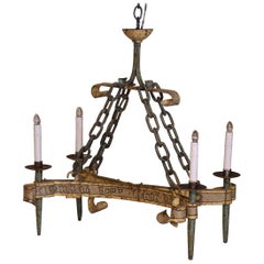 19th Century French Medieval Painted Iron Four-Light Chandelier with Old Script