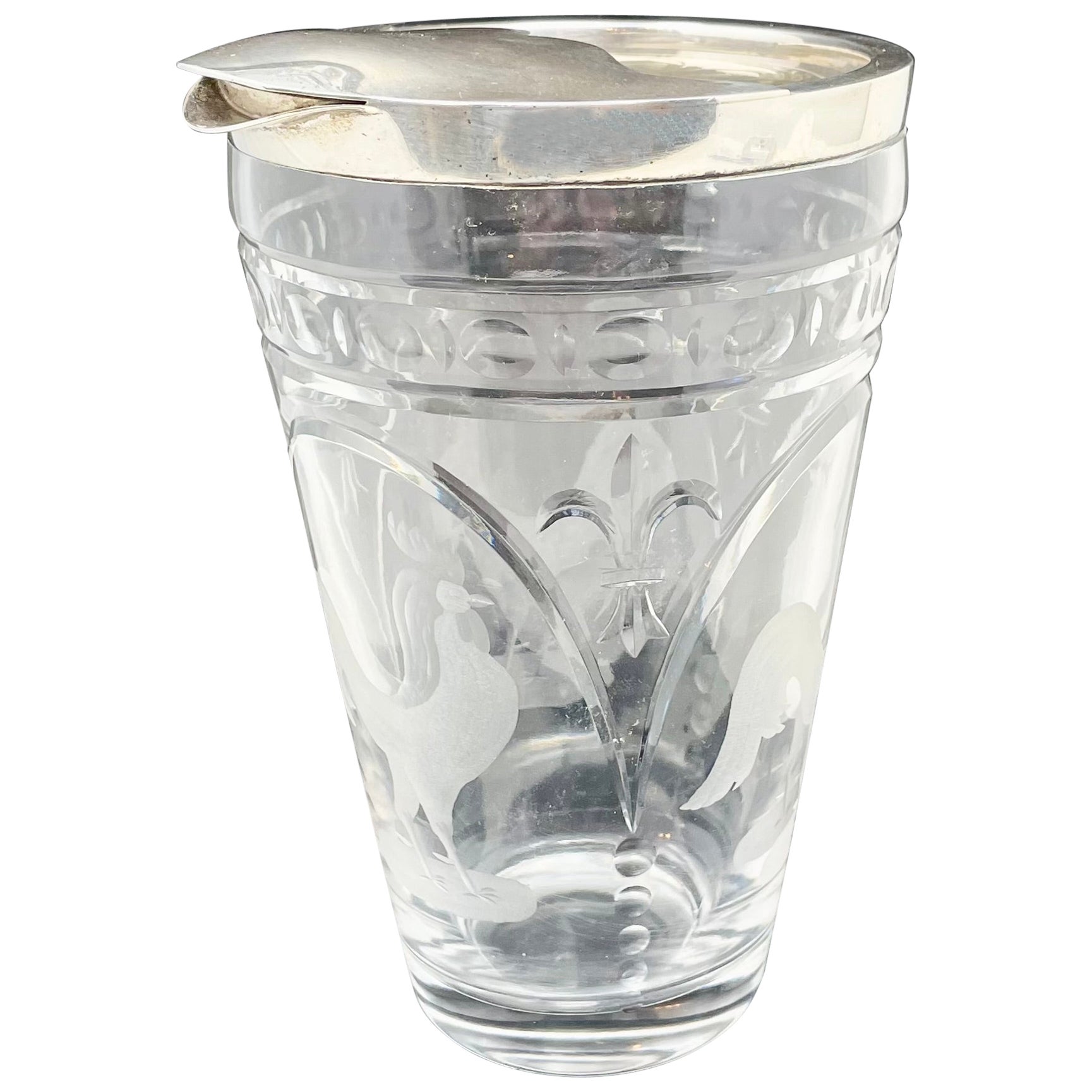 Antico Shaker da Martini americano in argento sterling e cristallo con gallo e fiore di Lis