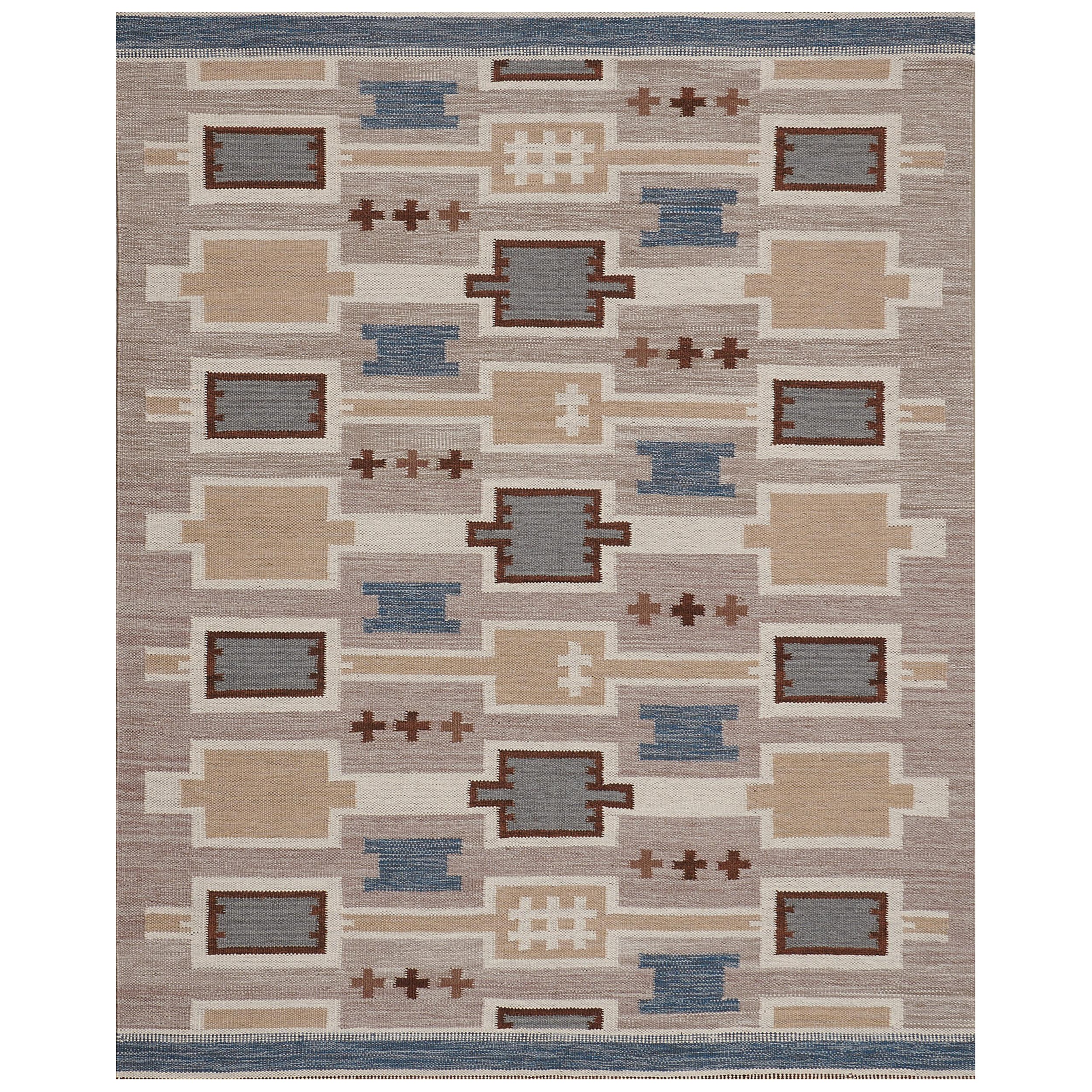 Wool Hand-woven Blue and Gray Flat-Weave Swedish-Inspired Rug