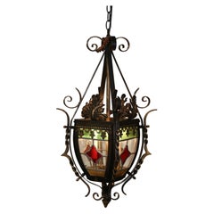 19th Century French Napoleon III Iron Lantern with Stained Glass Panels