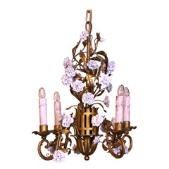 Early 20th Century French Gilt Metal & Porcelain Flowers Four-Light Chandelier