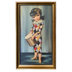 Eden Pintura al óleo original de mediados de siglo firmada Big Eyes Harlequin Moppet