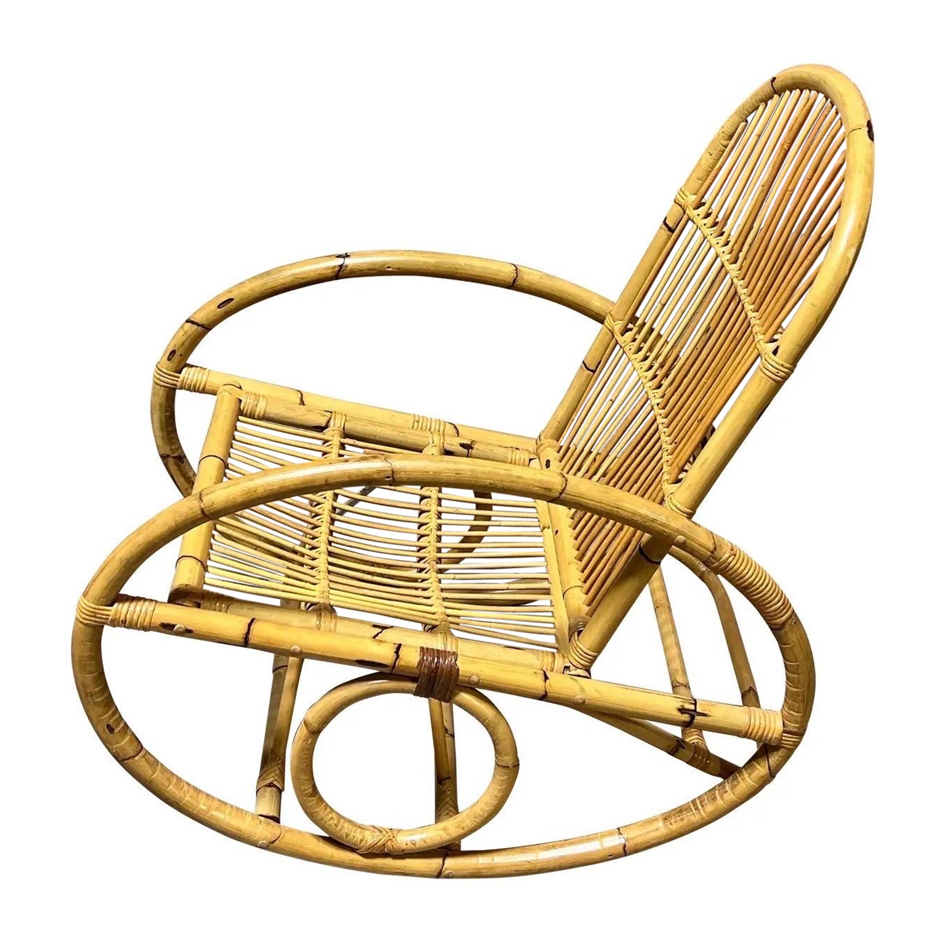 Vintage Franco Albini Style Bent Bamboo and Rattan Rocking Lounge Chair