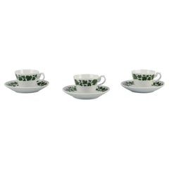 Meissen, Germany, Green Ivy Vine, three coffee cups with saucers.