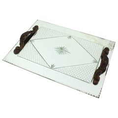 French Art Deco Etched Mirror Tray with Compass Rose & Grid Design
