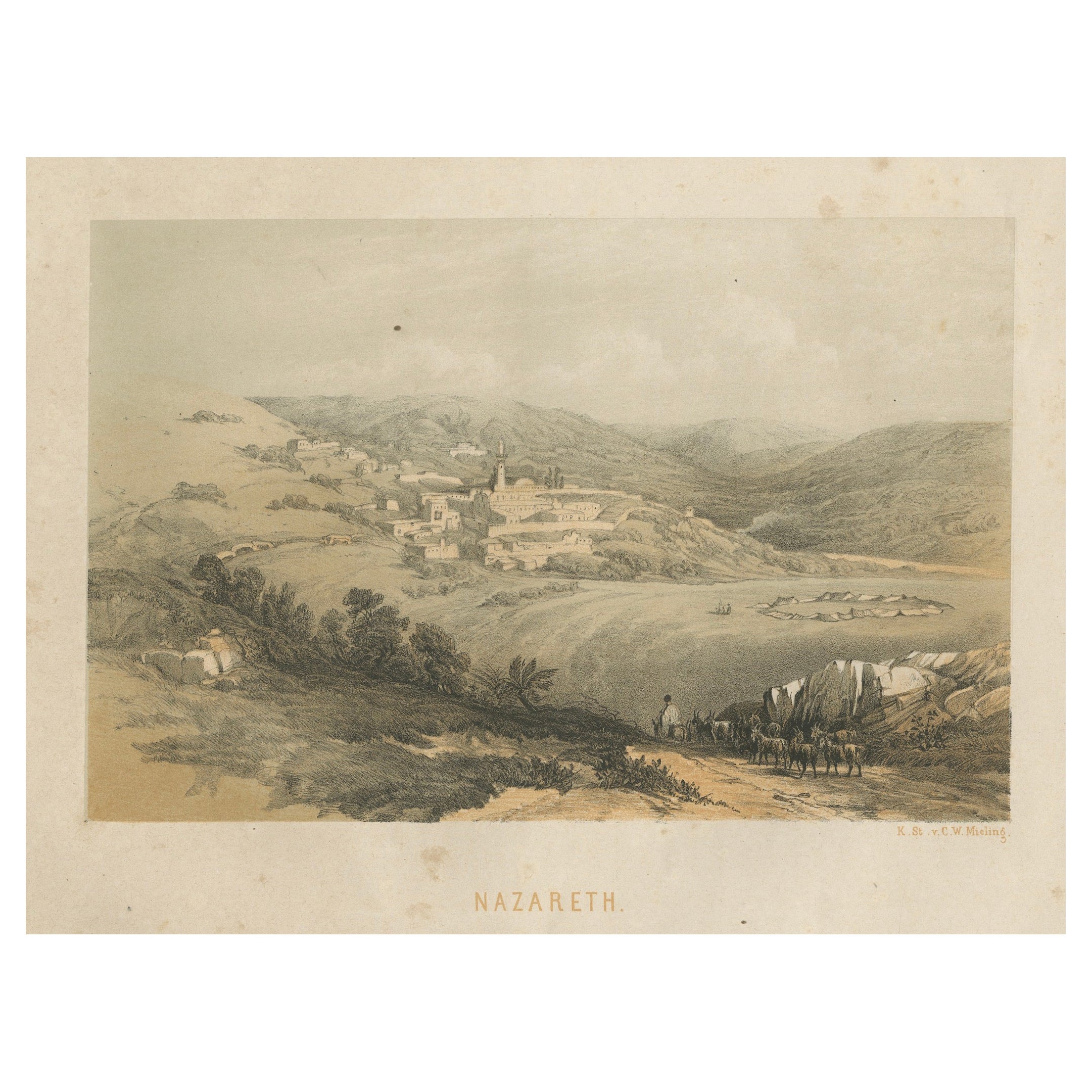 1862 Cromolitografía de Nazaret - Paisaje bíblico Según David Roberts