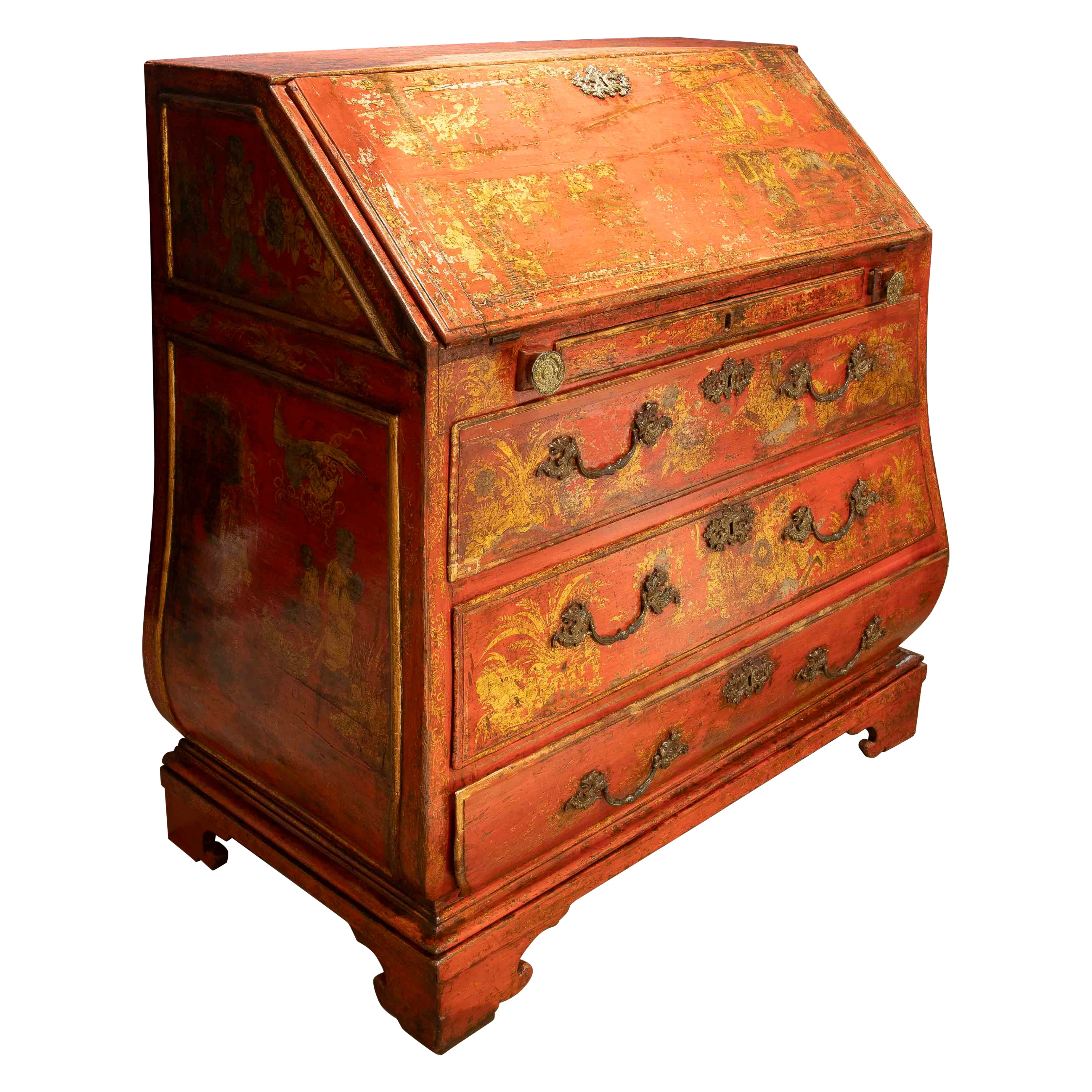 1850s Chinese Lacquered Style Secretaire with Decoration of Traditional Scenes For Sale