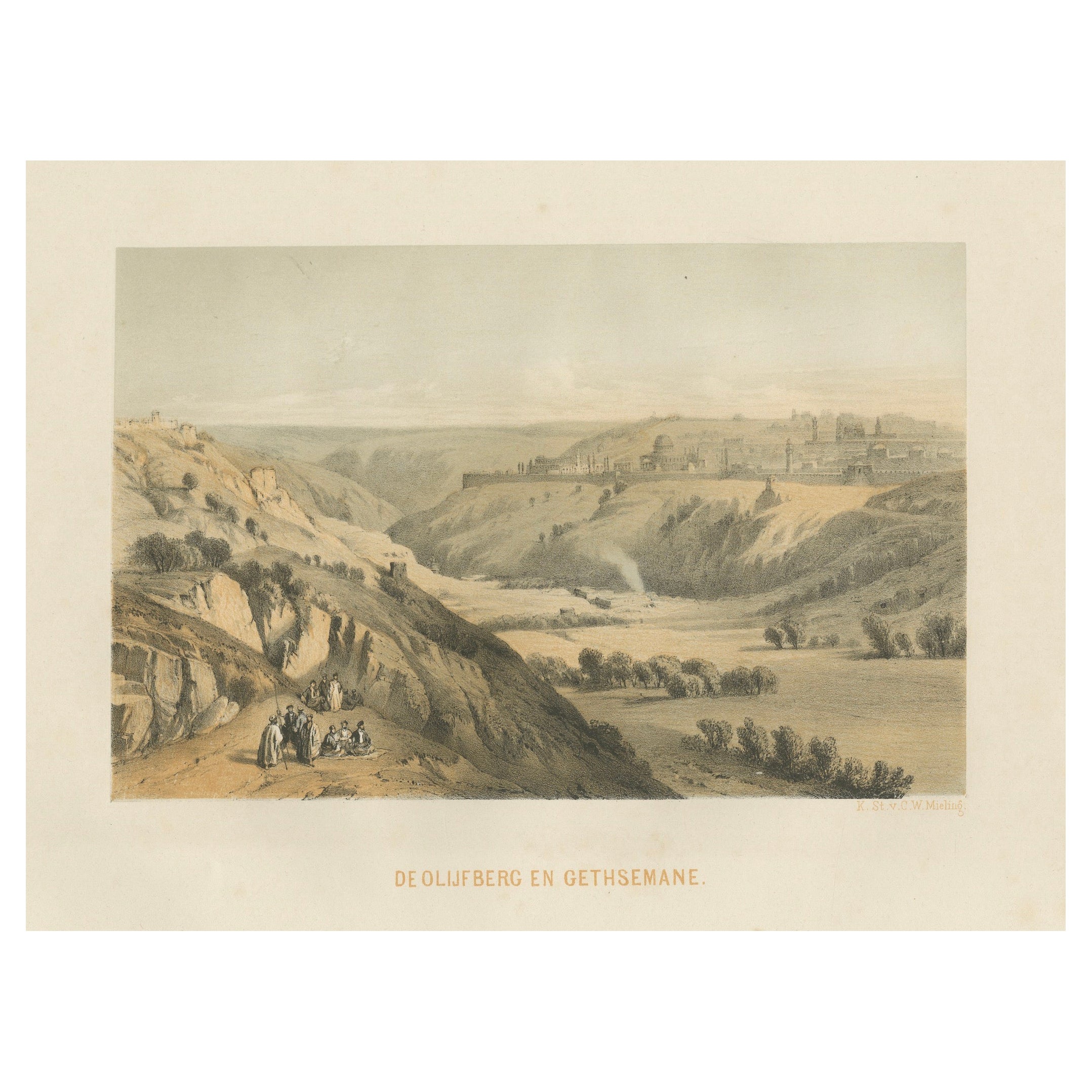 Rara cromolitografía del Monte de los Olivos y Getsemaní cerca de Jerusalén, 1862