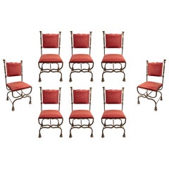 1950s Set of Eight Wrought Iron Chairs with Red Upholstery