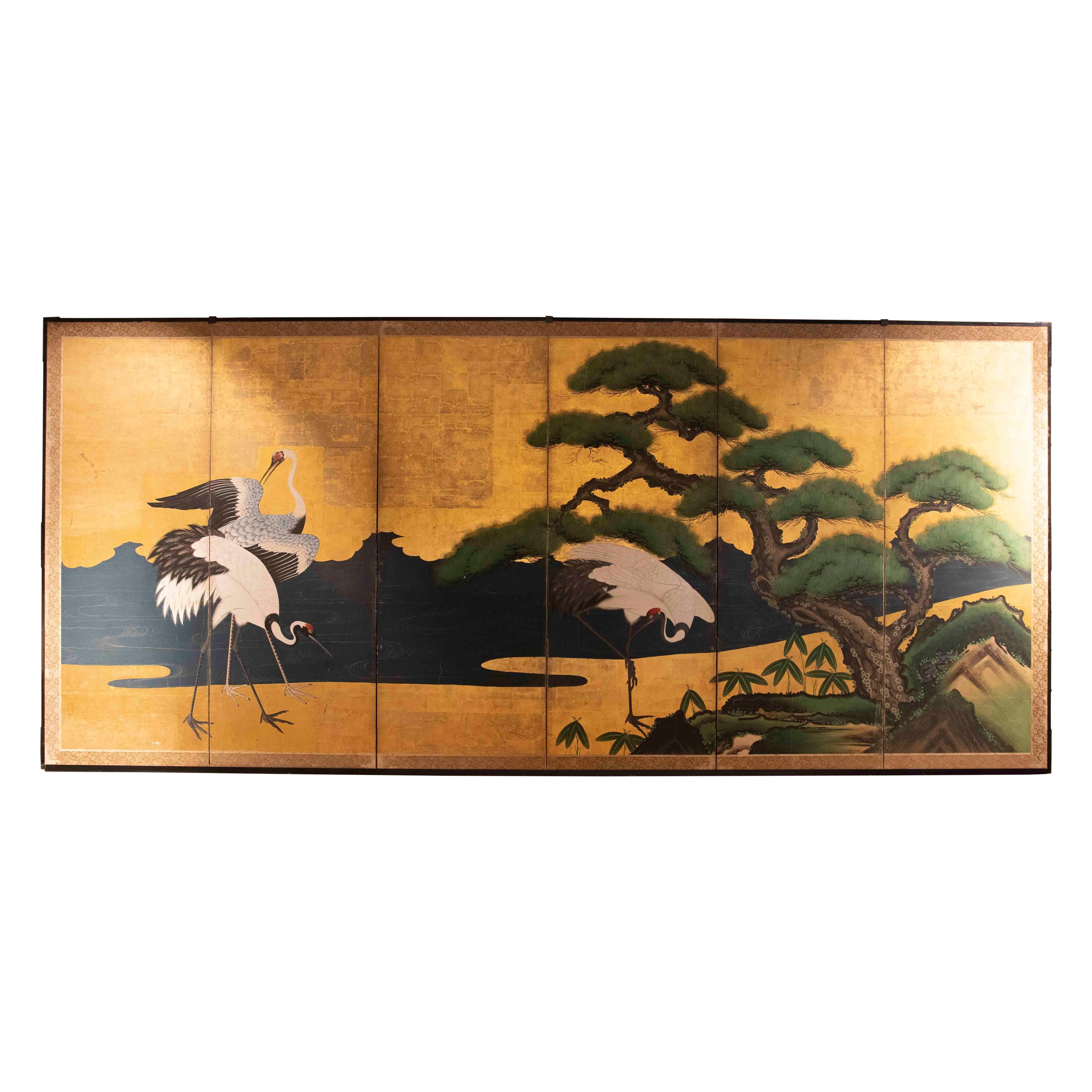 19th Japanese Screen with Cranes and Pine on a Golden Background For Sale