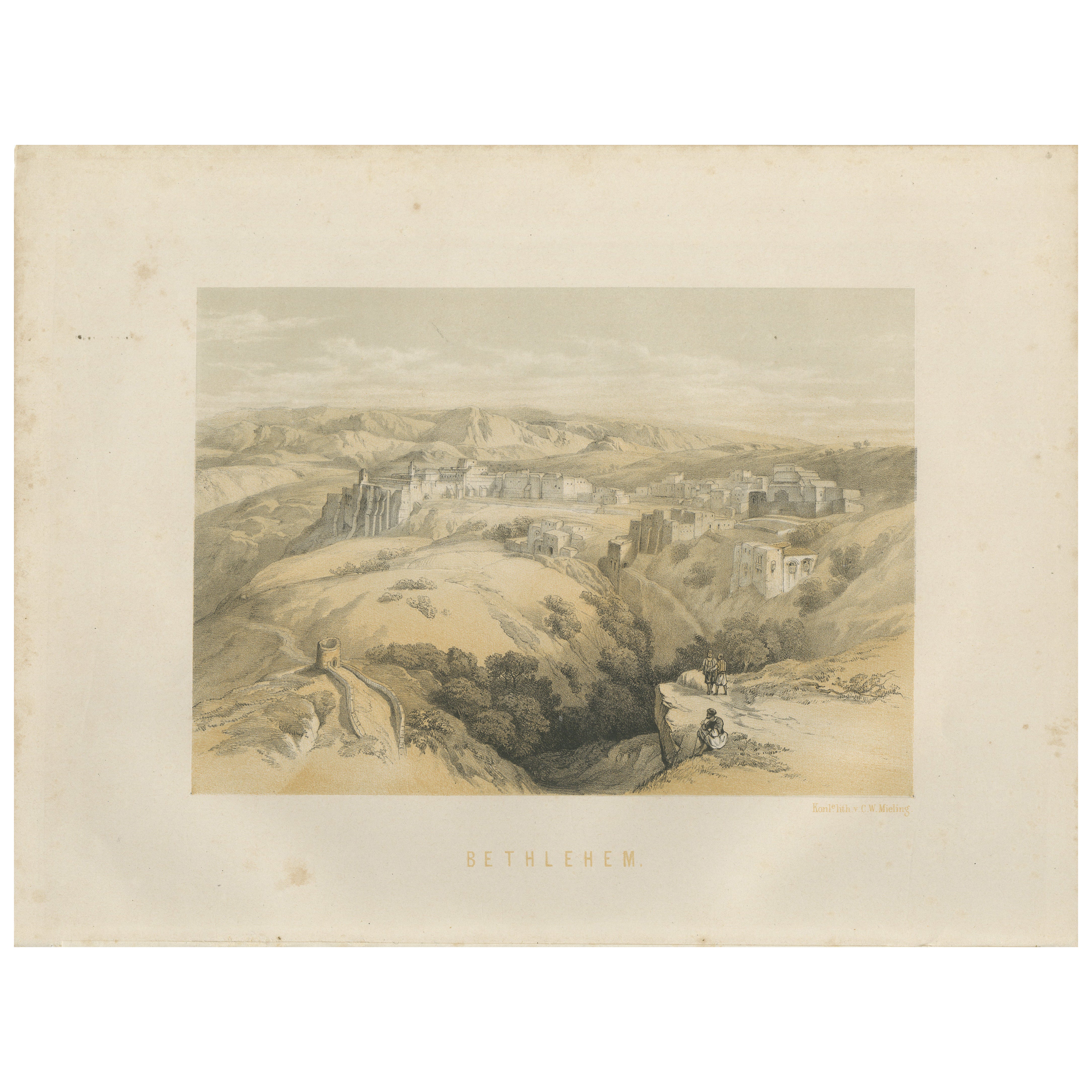 Cromolitografía del siglo XIX de Belén - Paisaje bíblico de 1862