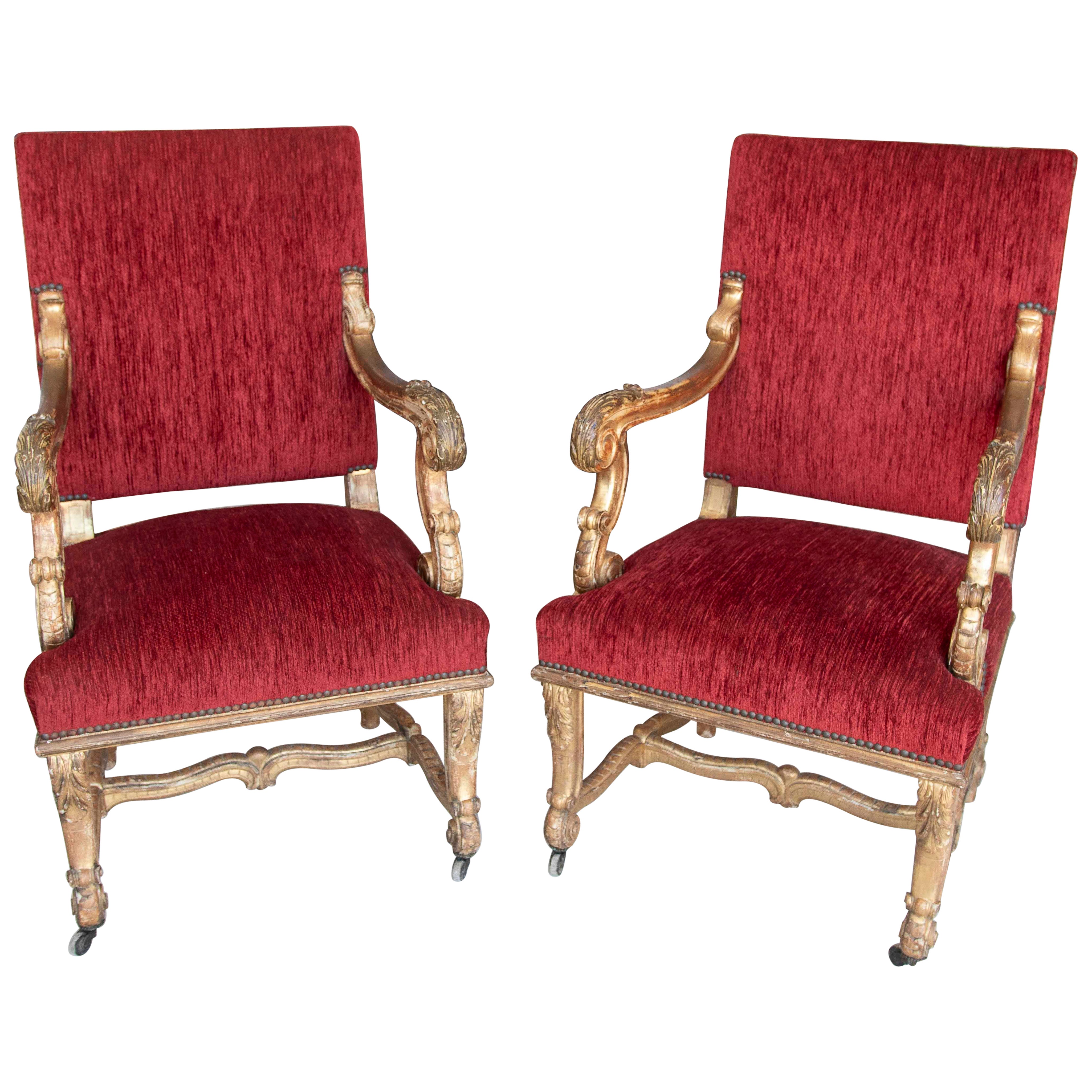 1875s Pair of Louis XV Armchairs with Red Velvet Upholstery