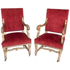 1875s Pair of Louis XV Armchairs with Red Velvet Upholstery
