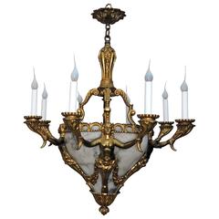 Wonderful French Doré Bronze Alabaster Marble Female Figural Chandelier Fixture