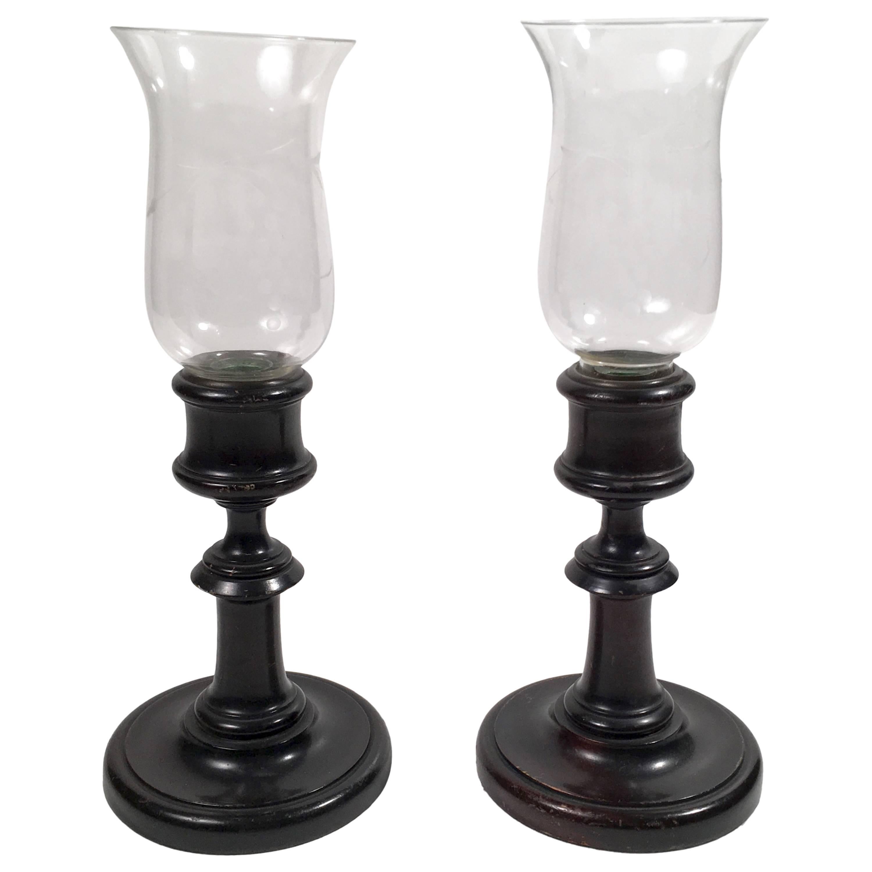Pair of Candlesticks or Photophores with Glass Hurricane Shades
