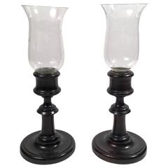 Antique Pair of Candlesticks or Photophores with Glass Hurricane Shades