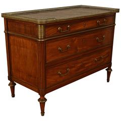 French Louis XVI Style Walnut, Brass and Marble Top Three-Drawer Commode