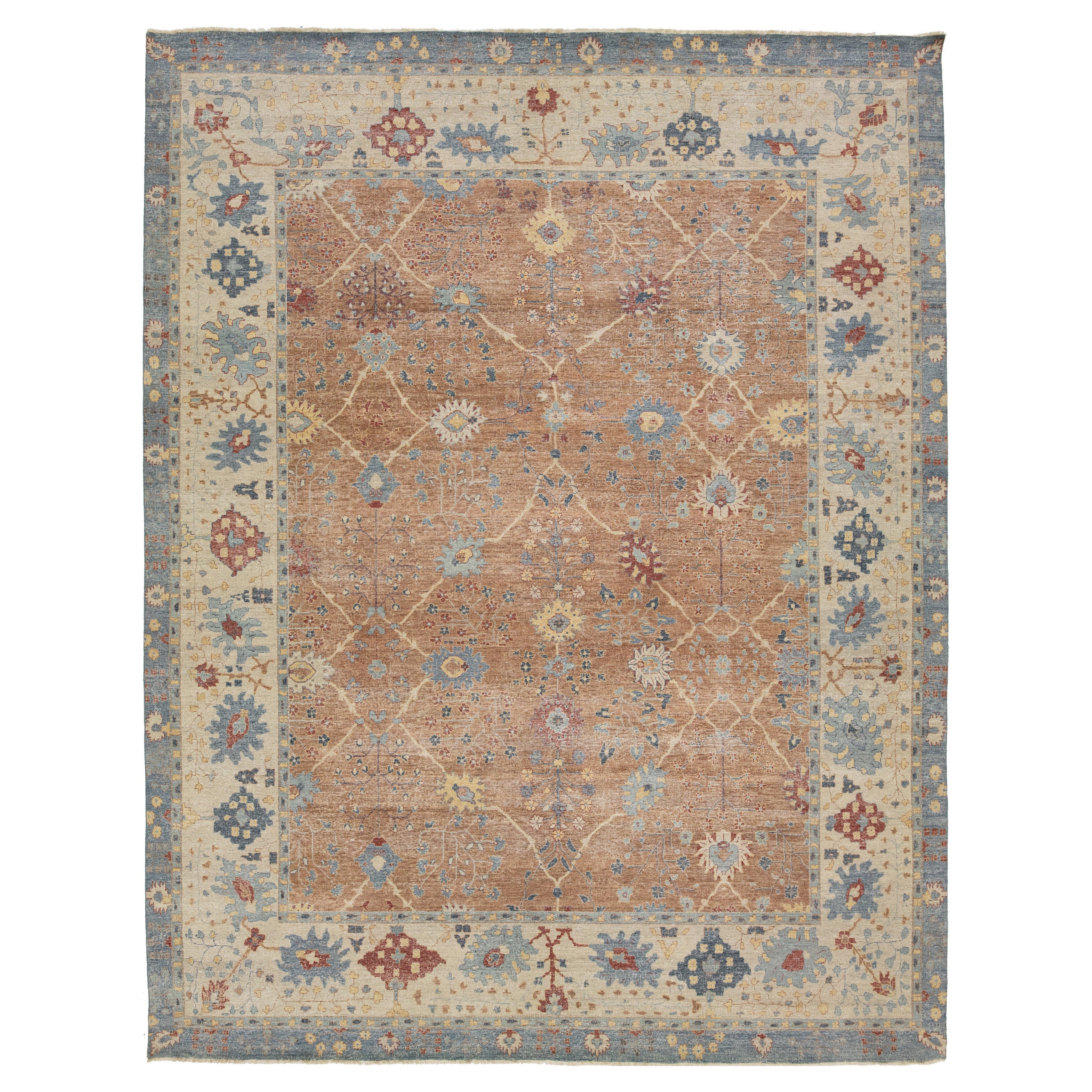 Brown Apadana's Modern Tabriz Style Handmade Indian Wool Rug
