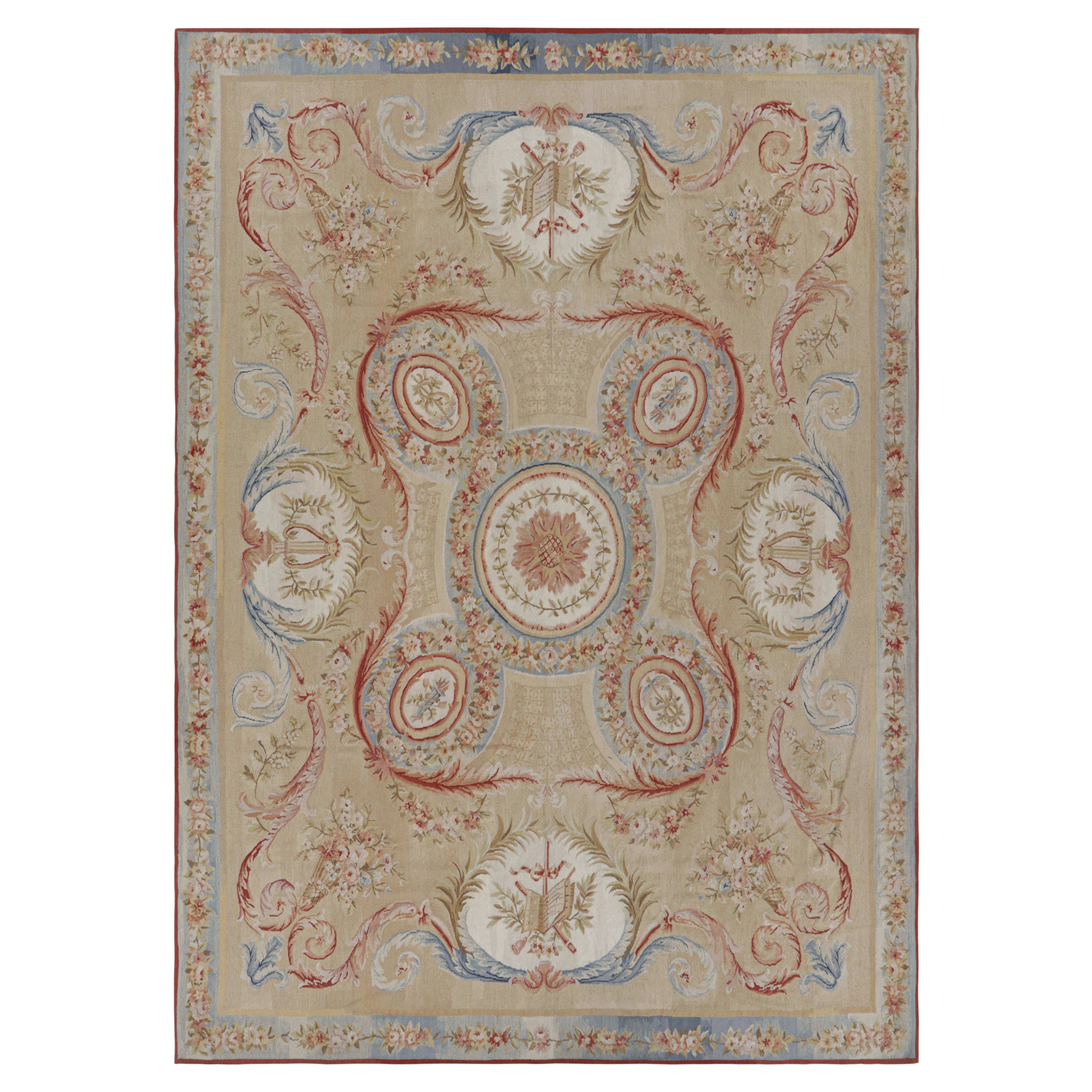 Rug & Kilim’s Aubusson Style Rug in Beige with Green and Pink Floral Medallion