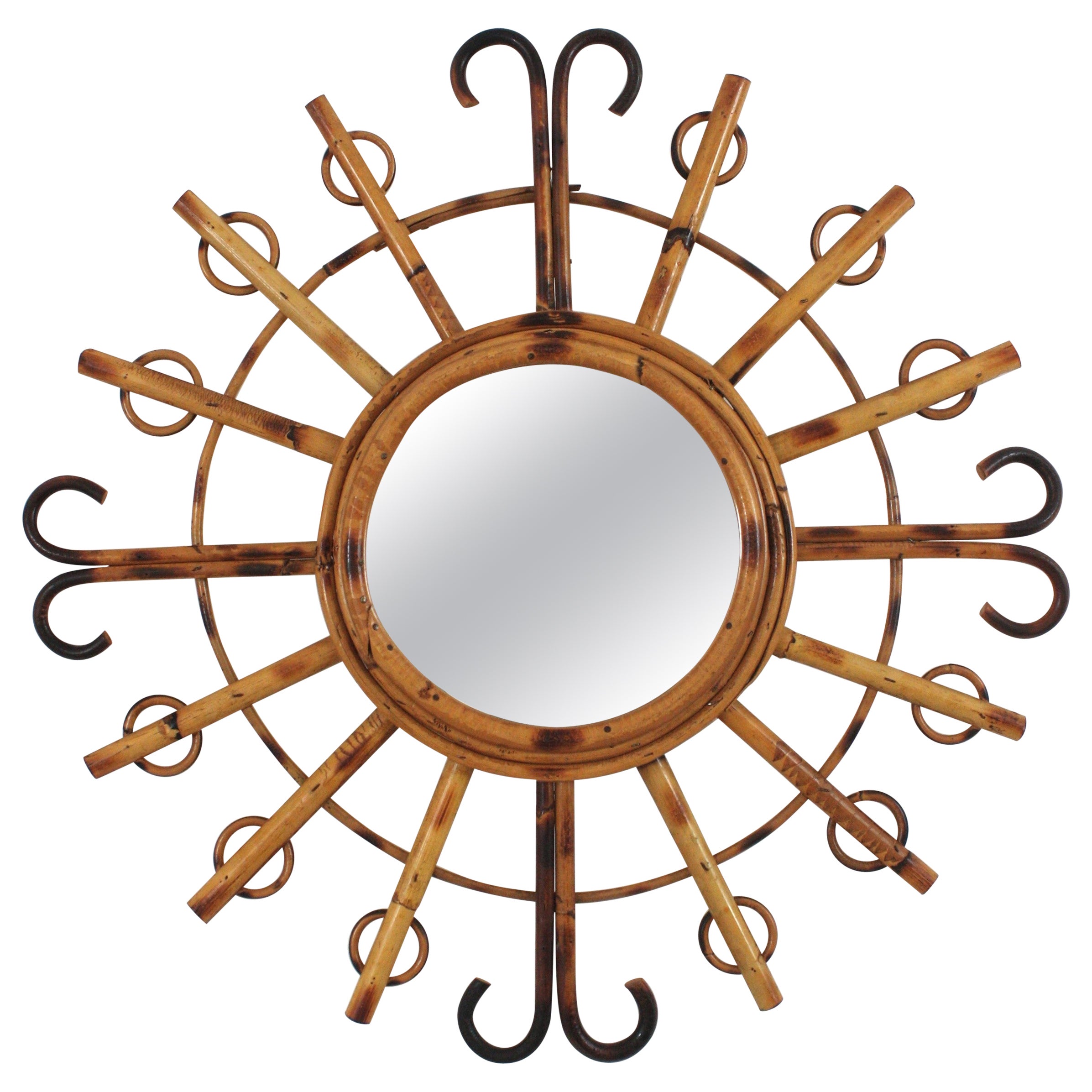 1950s French Riviera Rattan Sunburst Starburst Mirror