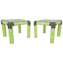Pair of Mid-Century Vibrant Green Faux Bamboo and Brass Side Tables, circa 1970s