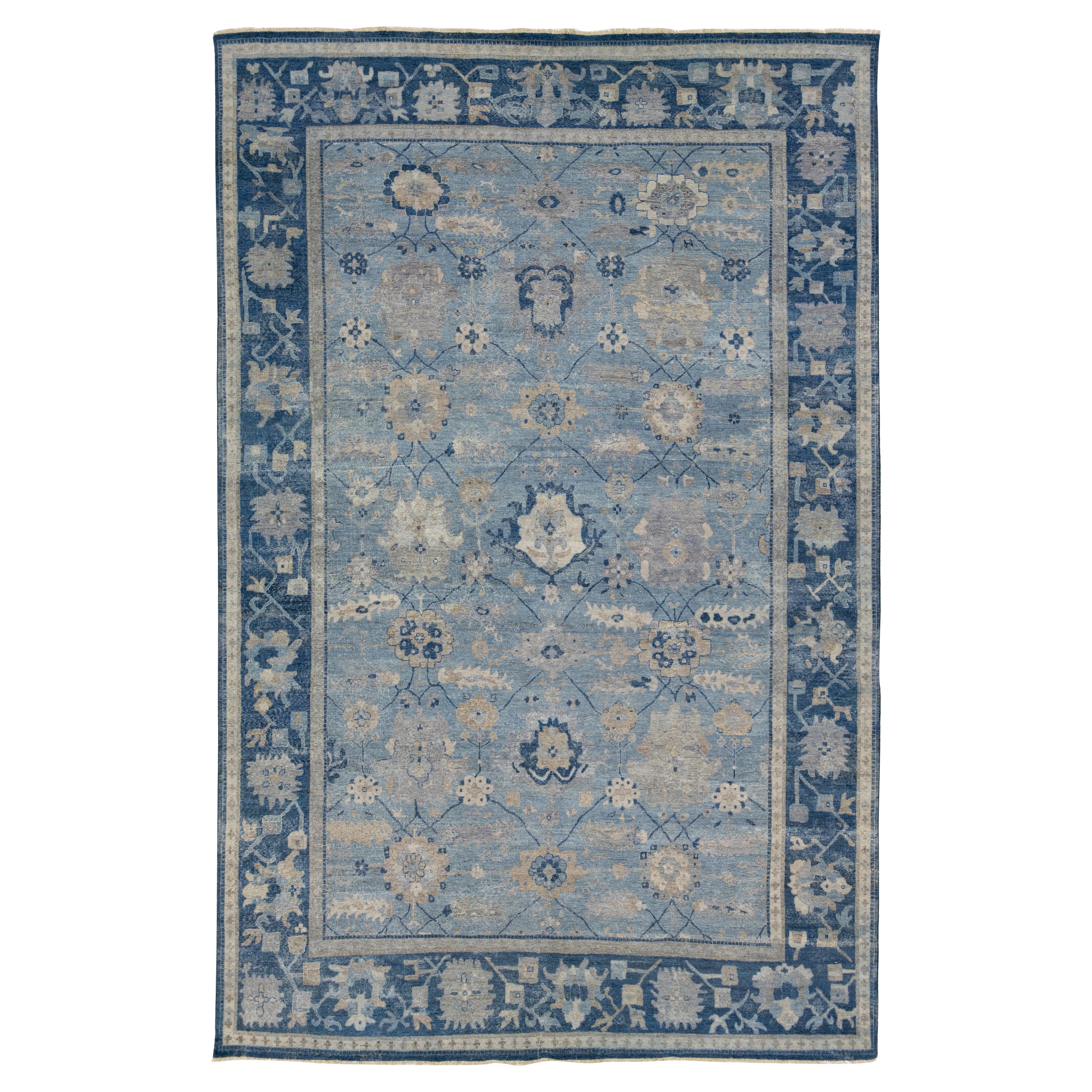 Apadana's Modern Tabriz Style Handmade Indian Wool Rug in Blue For Sale