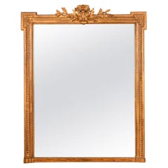 Large Antique 19th Century French Louis XVI Giltwood Crested Wall Mirror 1850