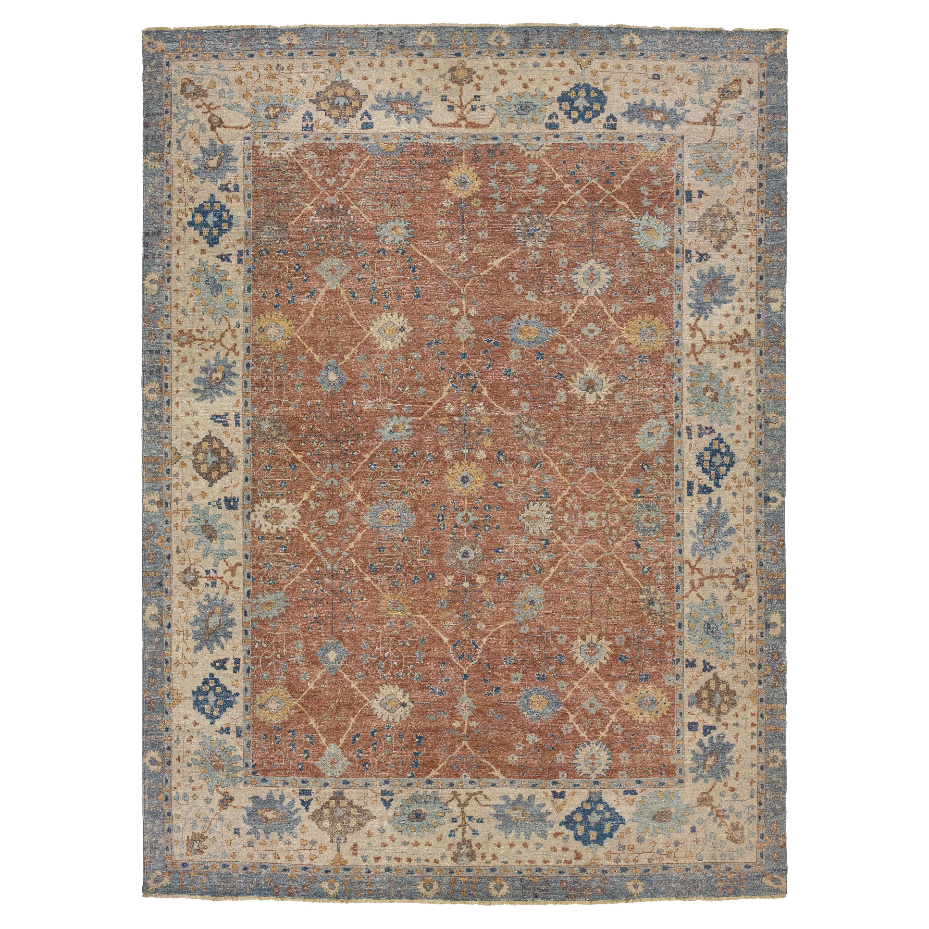 Apadana's Modern Tabriz Style Oversized Indian Wool Rug Handmade In Brown