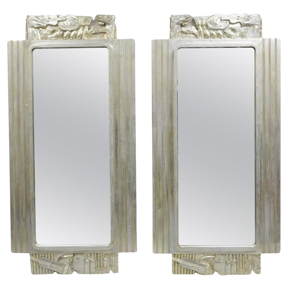 Vintage Italian Modern Figural Relief Carved Silver Leaf Wall Mirrors - a Pair For Sale