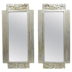 Vintage Italian Modern Figural Relief Carved Silver Leaf Wall Mirrors - a Pair