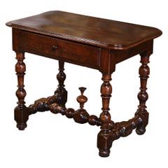 18th Century French Louis XIII Carved Walnut Turned-Leg Side Table with Drawer