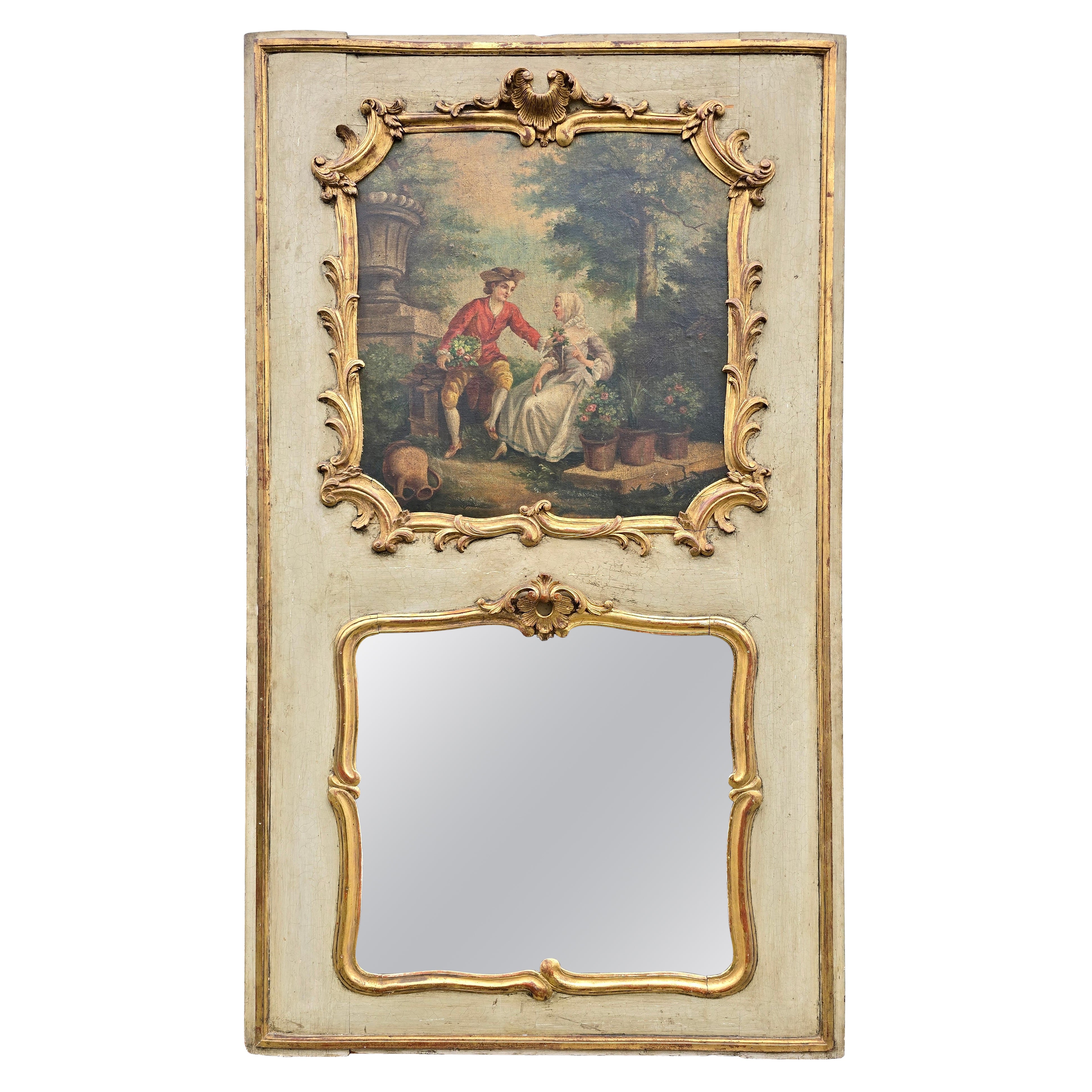 Romantic Antique 18th Century Rococo French Trumeau Wall Mirror with Painting For Sale